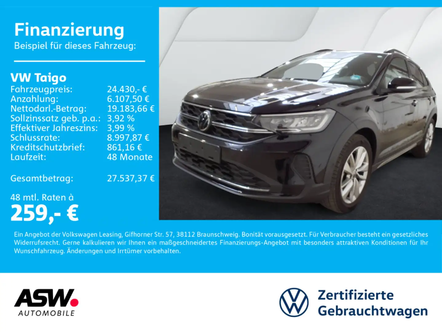 Volkswagen Taigo Life Goal 1.0 TSI DSG Navi SHZ LED PDC ACC Schwarz - 1