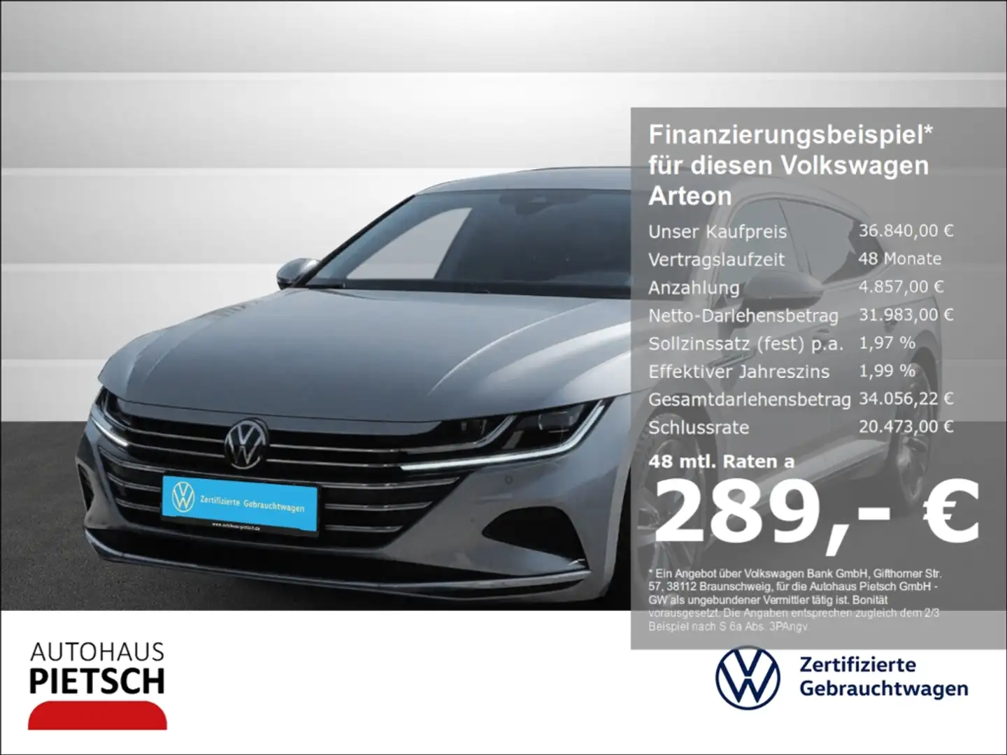 Volkswagen Arteon Shooting Brake 2.0 TDI Elegance AHK Navi VC LED Silber - 1