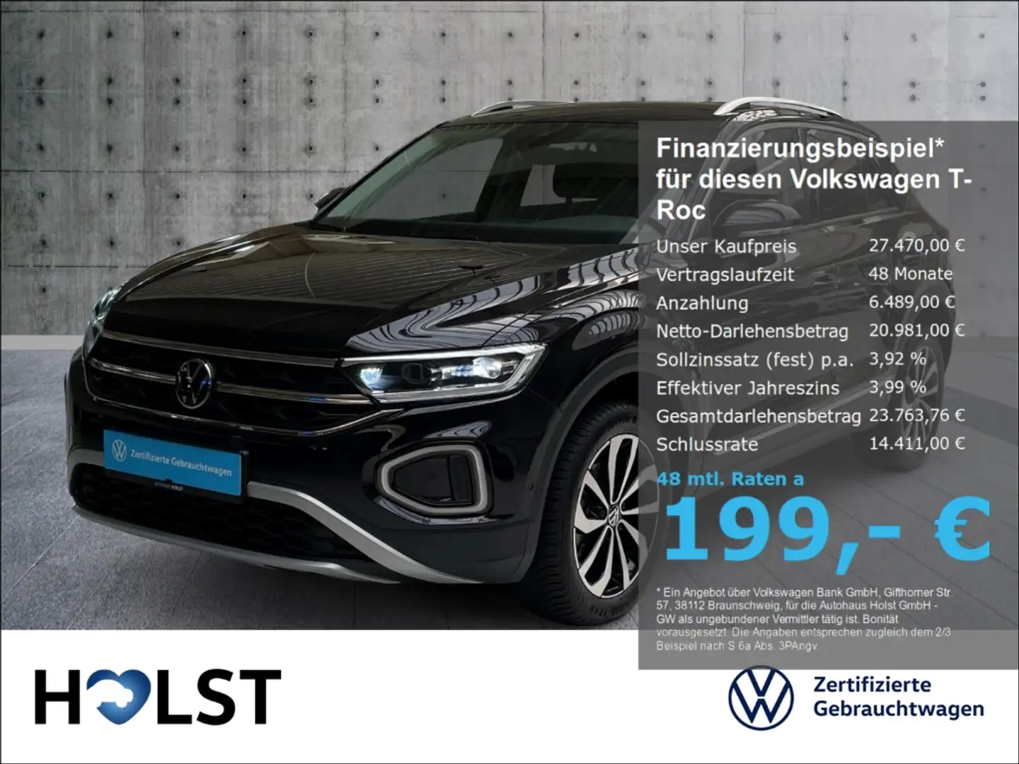 Volkswagen T-Roc 2.0TDI Style, RüFaKa, ACC, GJR, SHZ,App-Connect Schwarz - 1