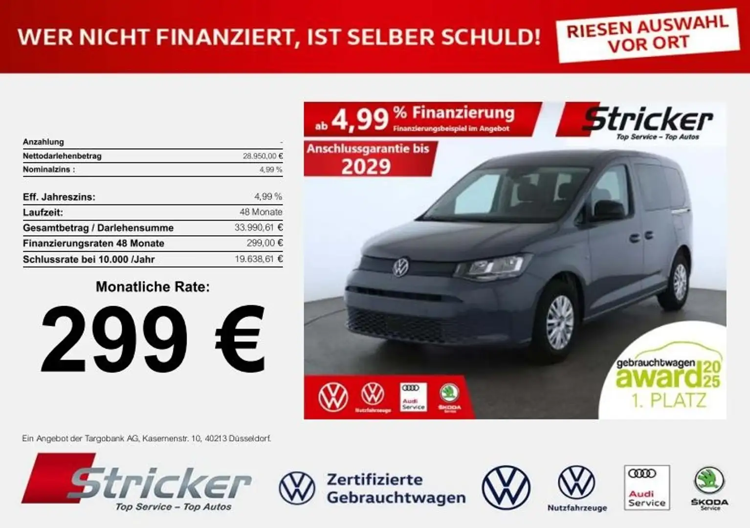 Volkswagen Caddy Kombi 2.0TDI 299,-ohne Anzahlung Navi AHK Sitzhei Grau - 1
