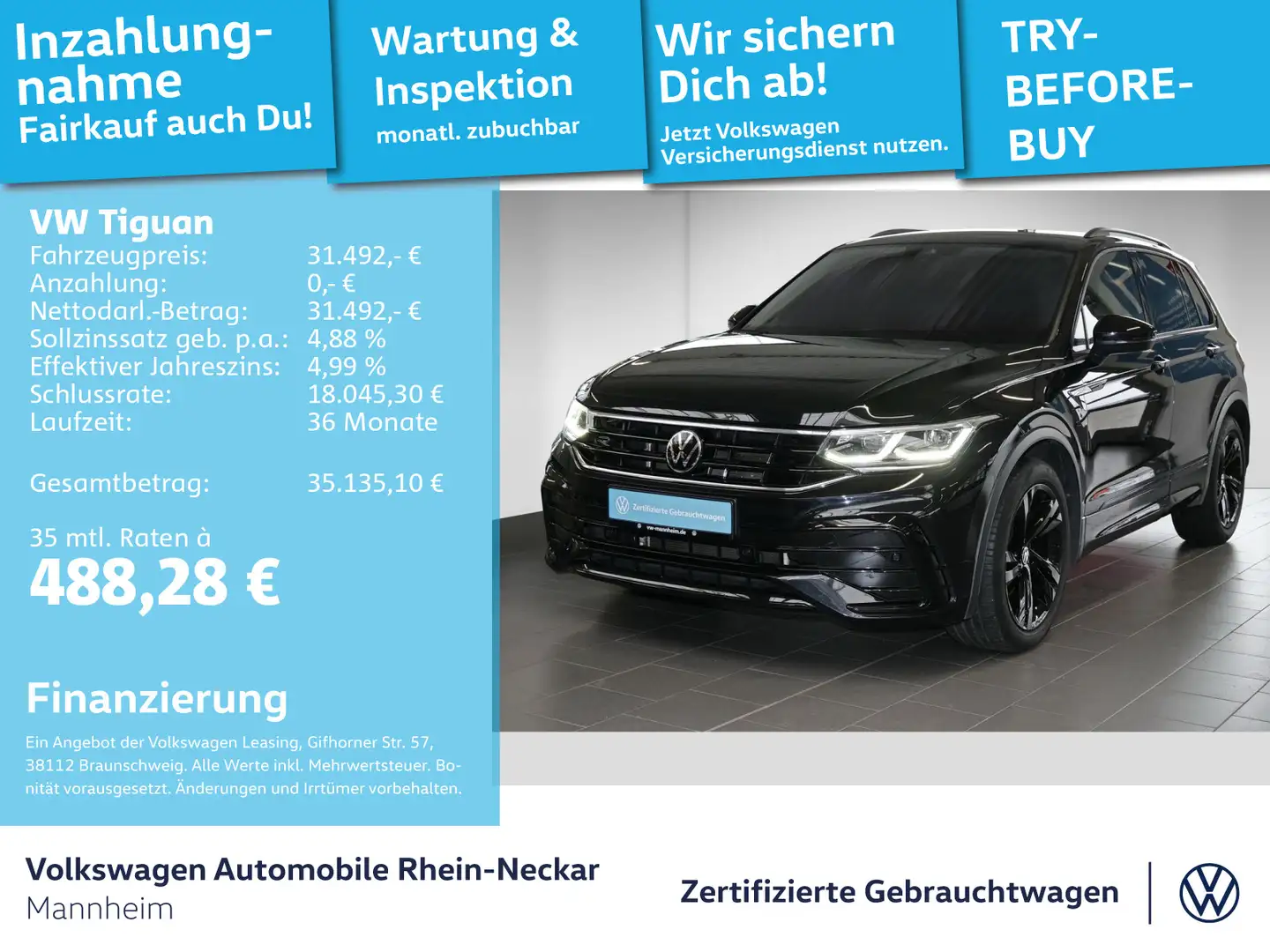 Volkswagen Tiguan 2.0 TDI R-Line DSG Harman Navi PDC LED uv Schwarz - 1