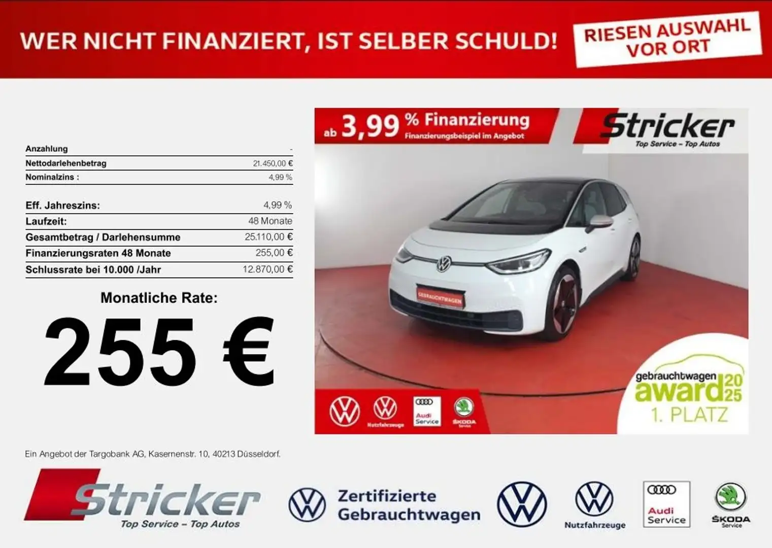 Volkswagen ID.3 1st Max 150/58 255,-ohne Anzahlung Pano HUD Weiß - 1