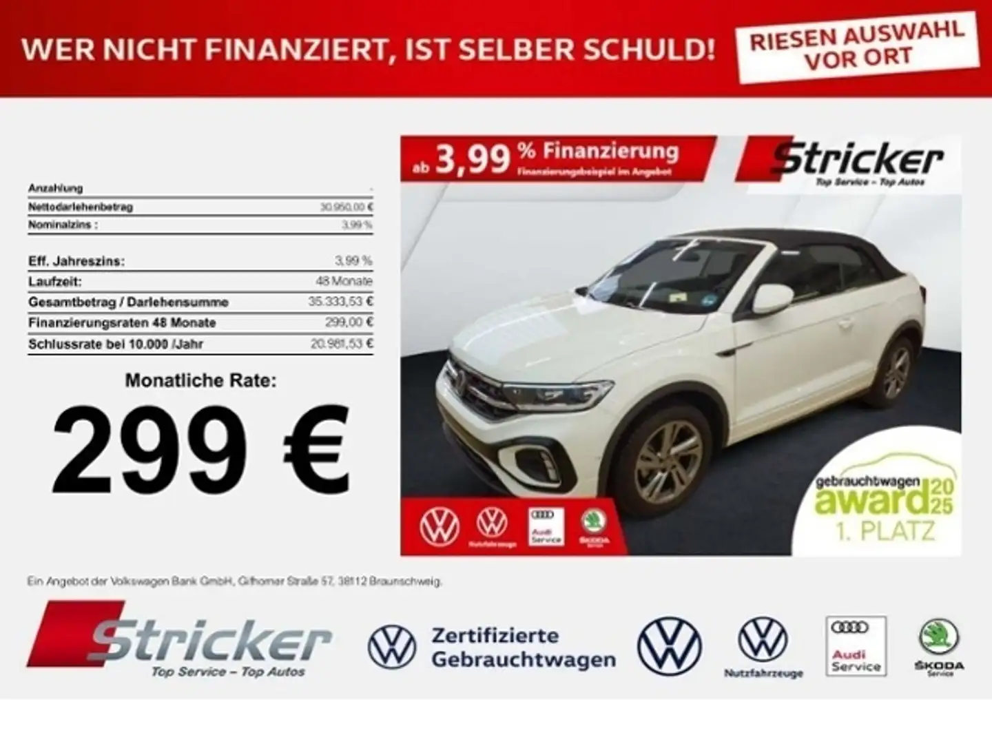 Volkswagen T-Roc Cabriolet R-Line 1.5TSI DSG 299,-ohne Anzahlung N Weiß - 1