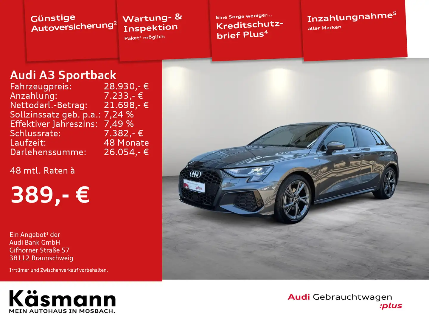 Audi A3 S line 35TDI 2xS line STDHZ PANO Grau - 1