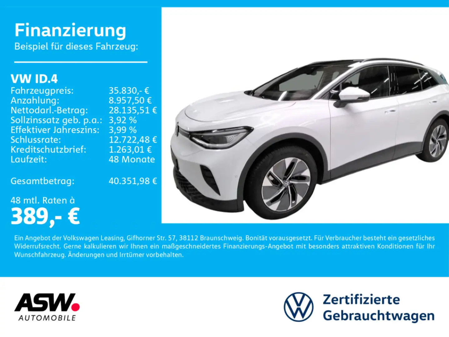 Volkswagen ID.4 Pure LED NAVI Wärmepumpe 360° PANO SHZ AHK Weiß - 1