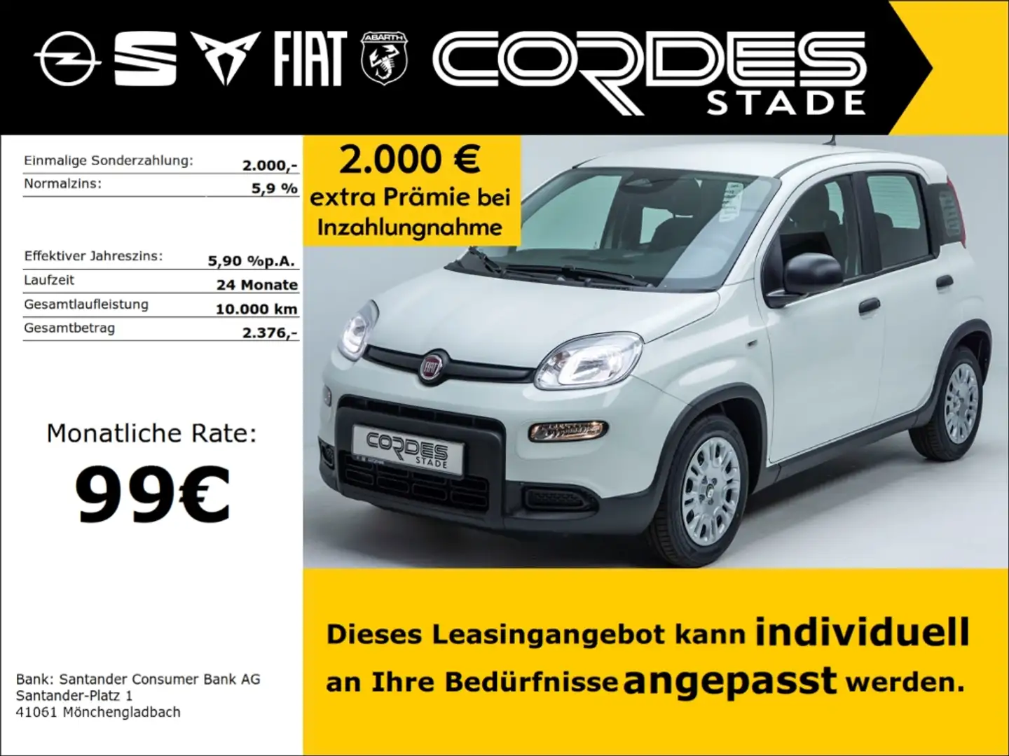 Fiat Panda Pandina City Paket, Sonderleasing 99 € bei Inzahlu Weiß - 1