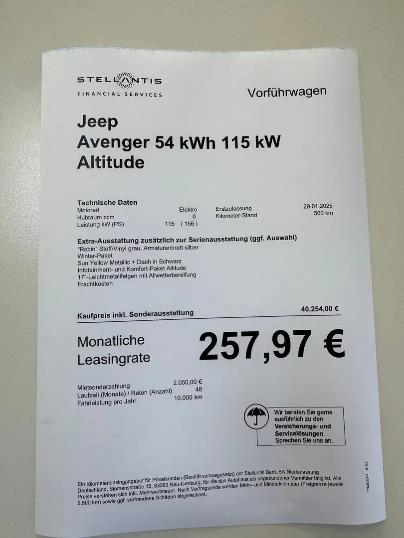 Jeep Avenger Altitude 282,-EUR Leasing 10.000 km pro Jahr - 2