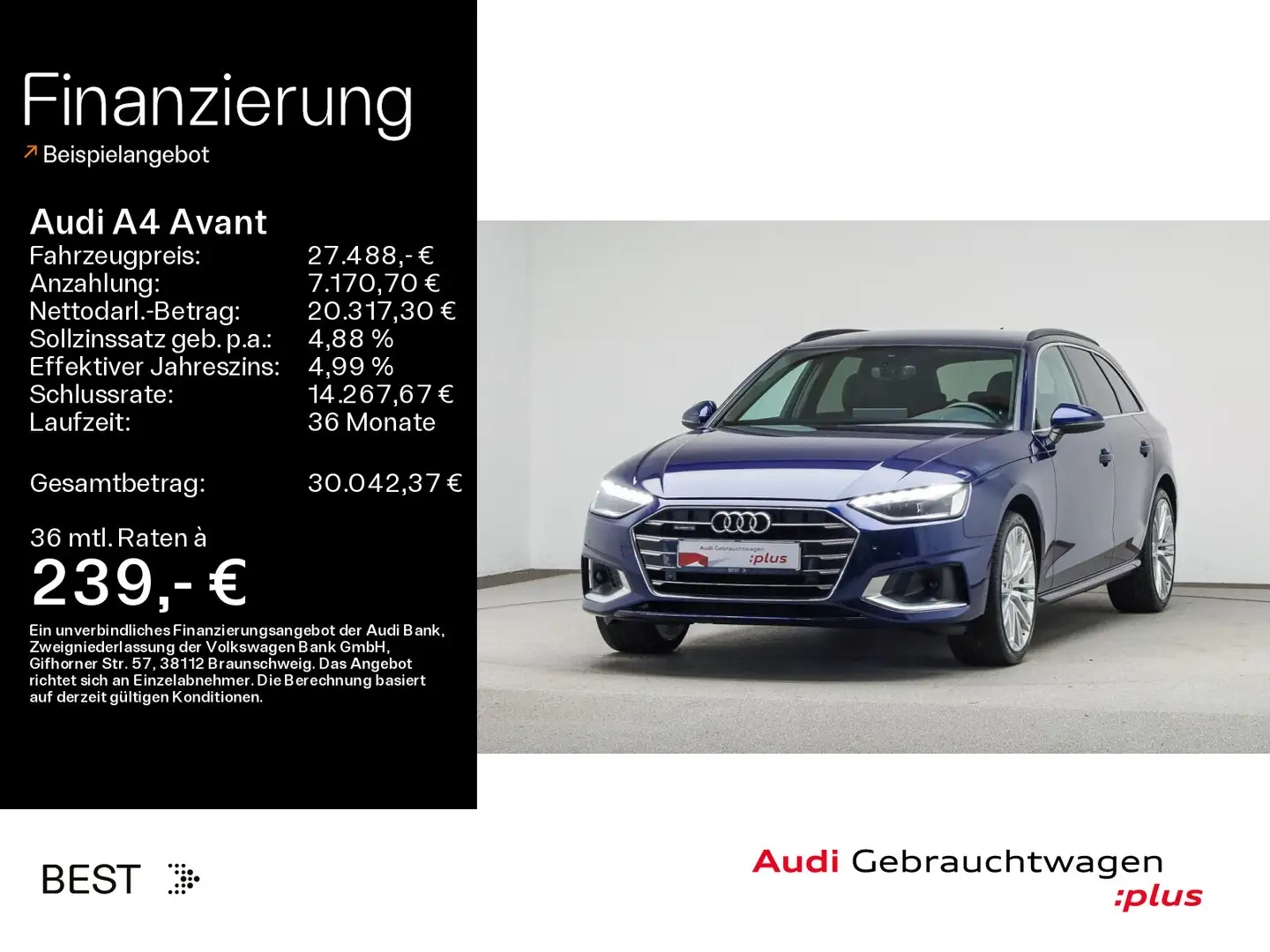 Audi A4 advanced 40 TDI qu. S line*Tour*Kamera Blau - 1