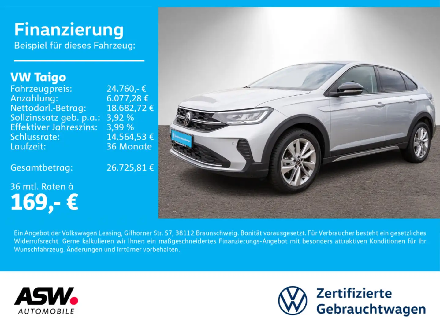 Volkswagen Taigo Goal 1.0 TSI 6-Gang LED Navi PDC ACC PANO Silber - 1