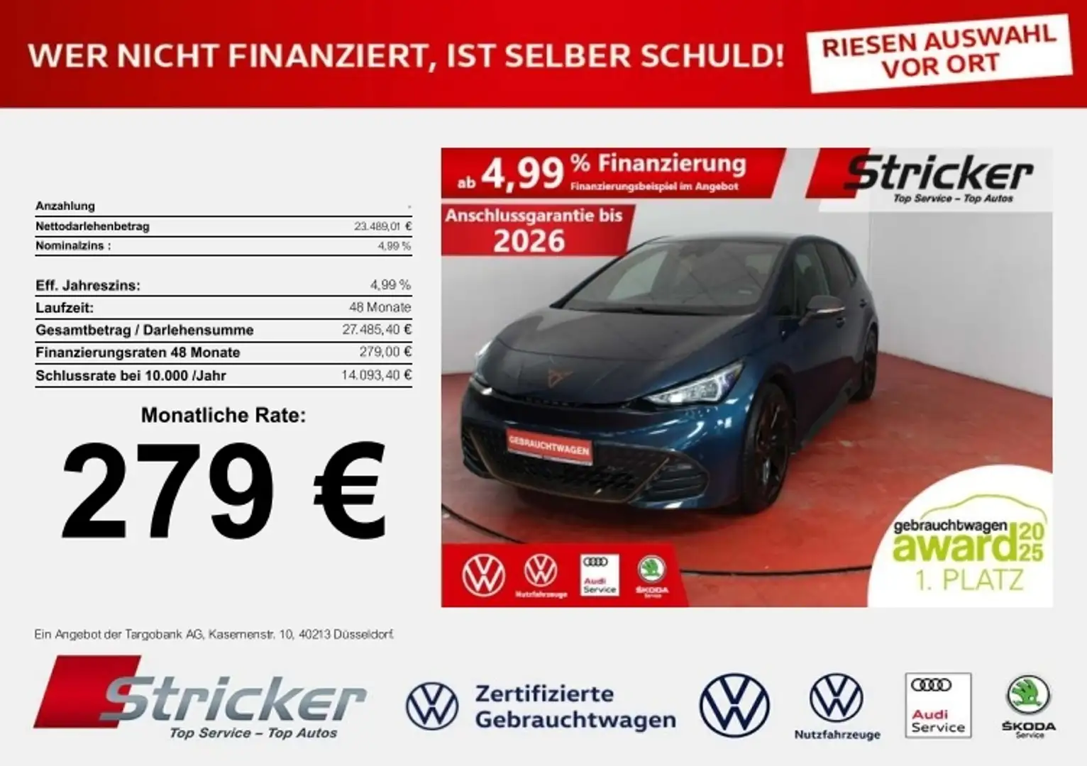 CUPRA Born 150/58 279,-ohne Anzahlung Navi Sitzheizung Kamer Blau - 1