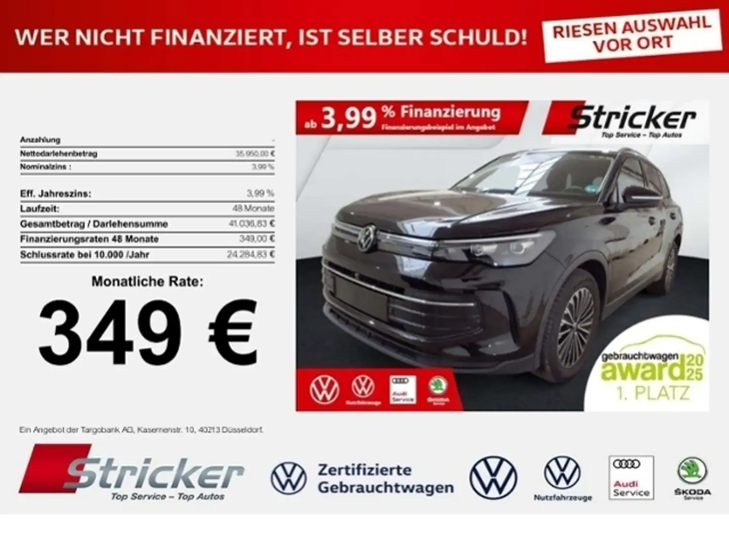Volkswagen Tiguan Goal 2.0TDI DSG 349,-ohne Anzahlung Navi AHK Kame Schwarz - 1