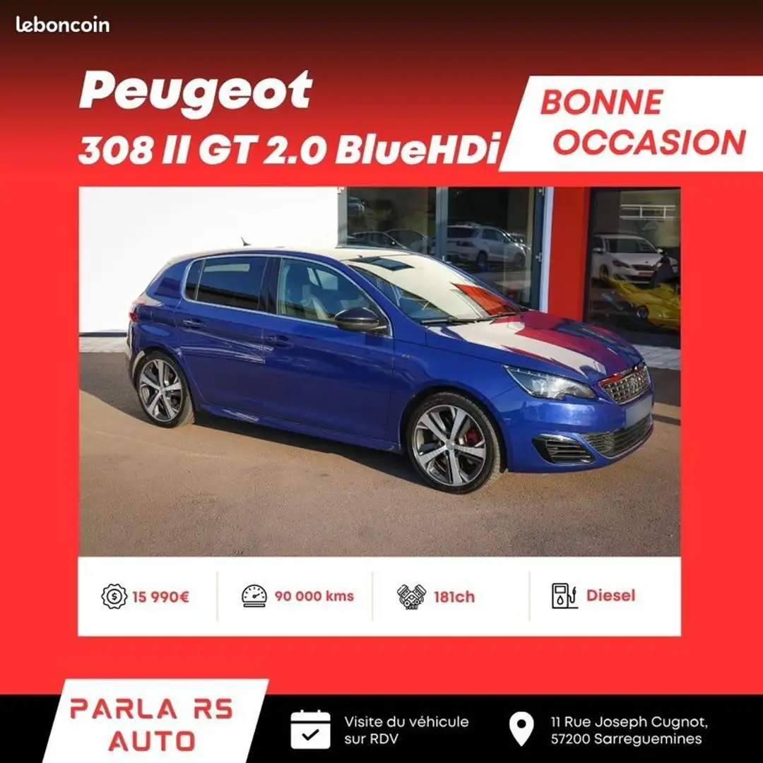 Peugeot 308 II GT 2.0 BlueHDi 181 ch boîte automatique Bleu - 1