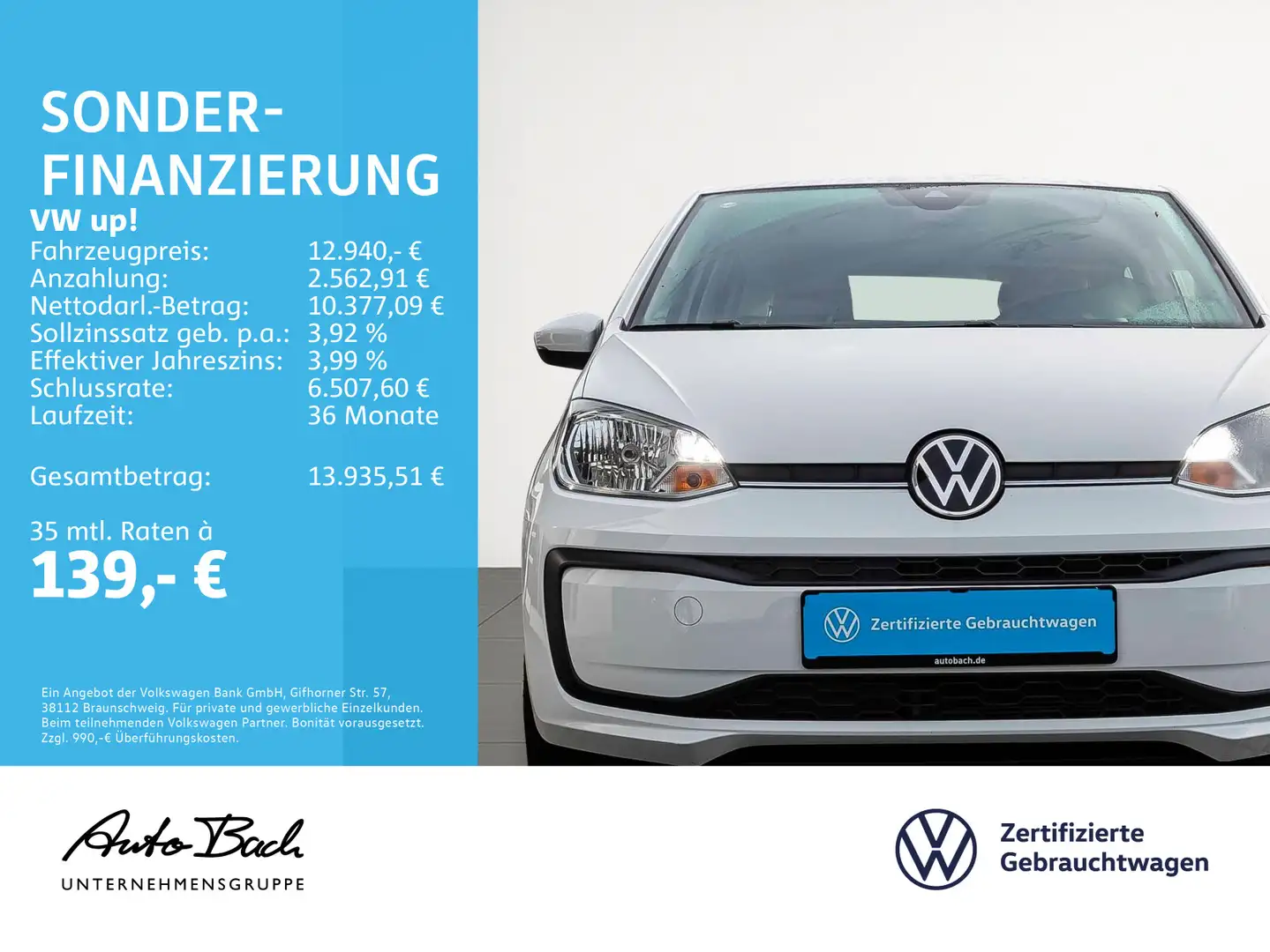 Volkswagen up! Move Up! 1.0, Klima, Radio, Telefonschnittst Weiß - 2