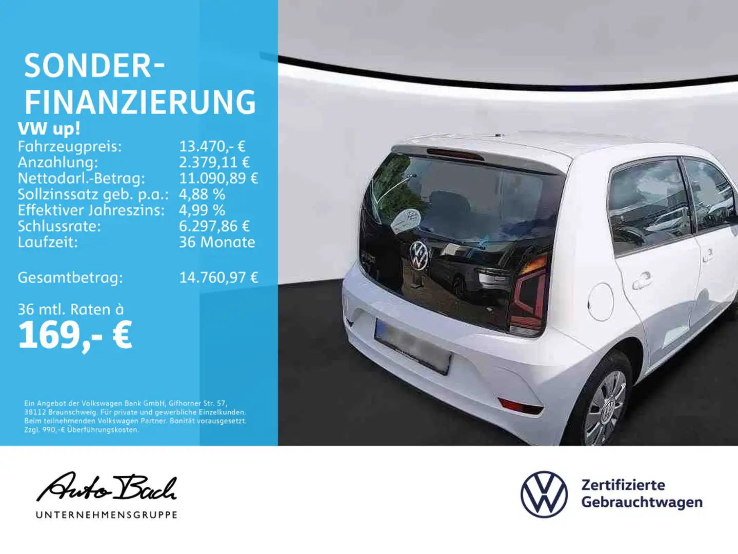 Volkswagen up! Move Up! 1.0, Klima, Radio, Telefonschnittst Weiß - 2