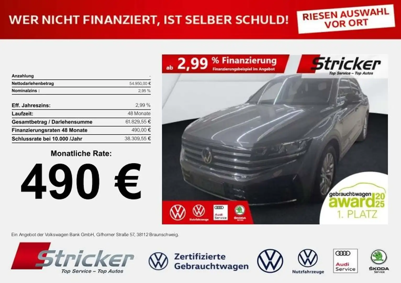 Volkswagen Touareg Elegance 3.0 TDI 490,-ohne Anzahlung Navi AHK Kam Grau - 1