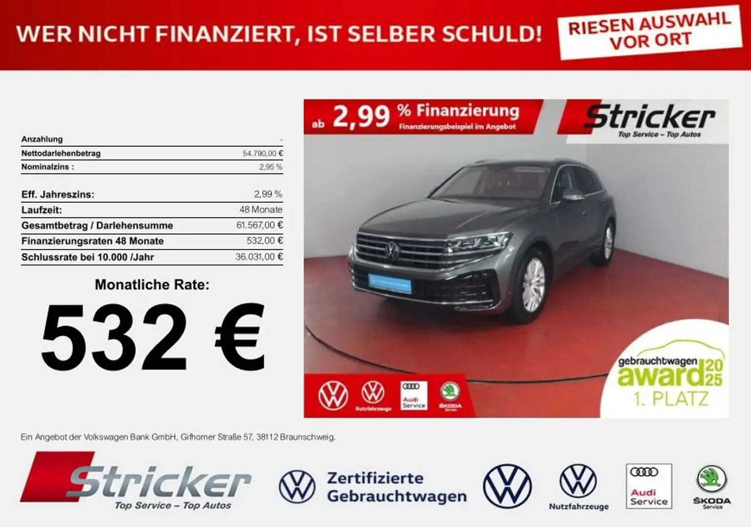 Volkswagen Touareg Elegance 3.0 TDI 532,-ohne Anzahlung Navi AHK Kam Grau - 1