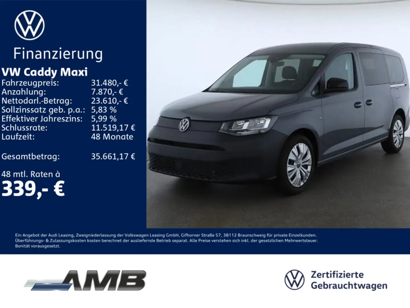 Volkswagen Caddy Kombi 2.0 TDI AHK/Nav/ACC/7Sitz/1.30G Grau - 1