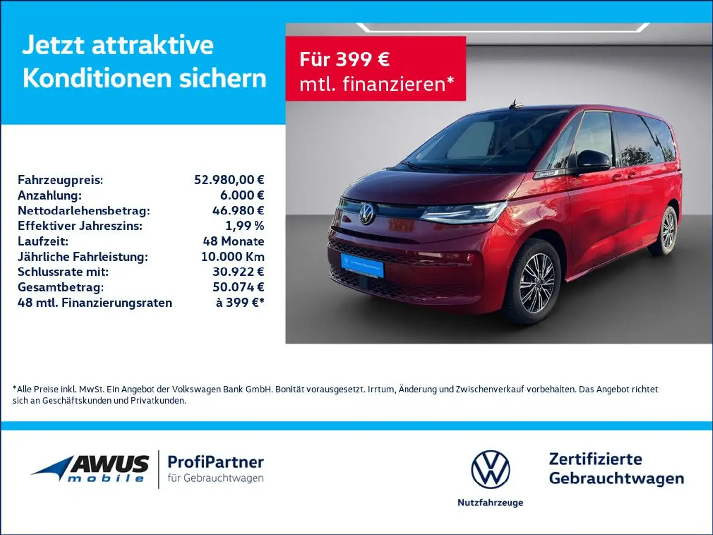 Volkswagen T7 Multivan KÜ 2.0TDI 110kW DSG PANO MATRIX-LED Rot - 1