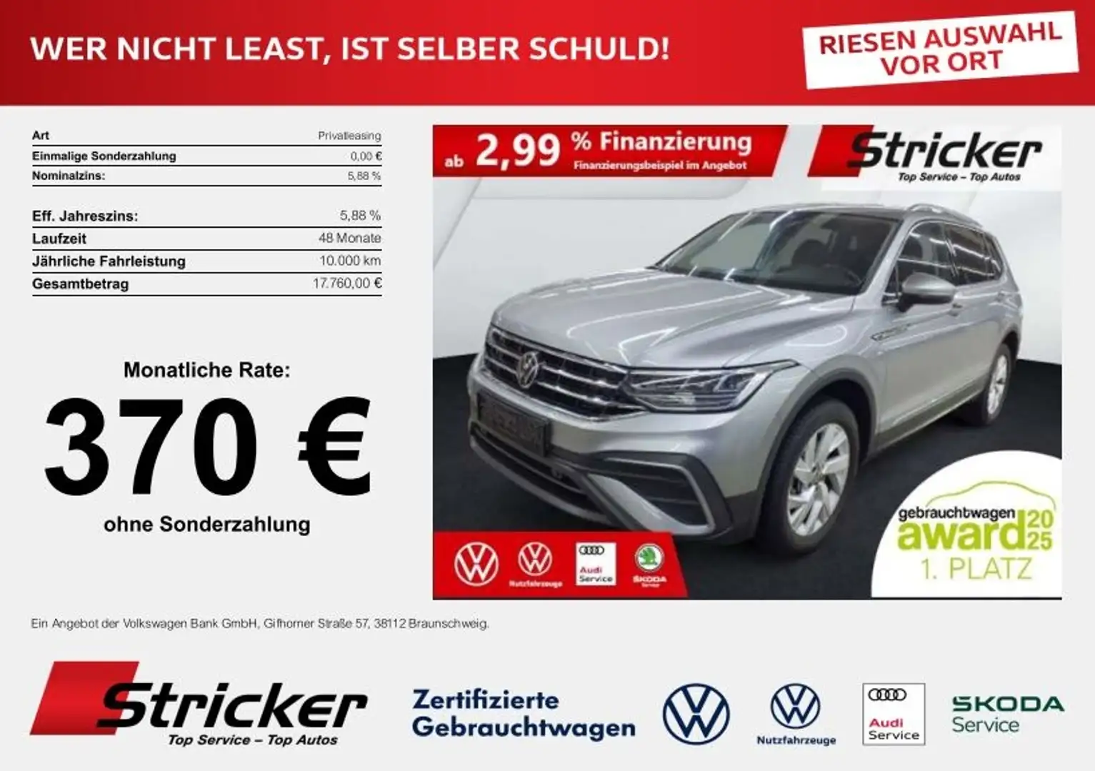 Volkswagen Tiguan Allspace Life 2.0TDI DSG 304,-ohne Anzahlung AHK 7-Sitzer Silber - 2