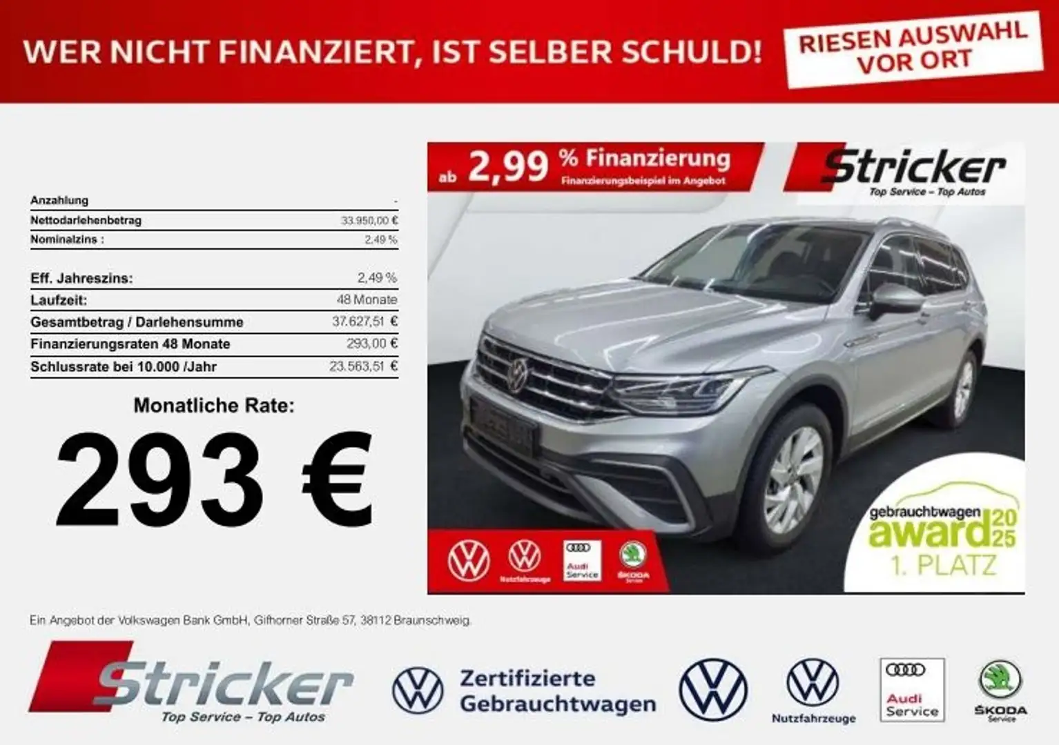 Volkswagen Tiguan Allspace Life 2.0TDI DSG 304,-ohne Anzahlung AHK 7-Sitzer Silber - 1