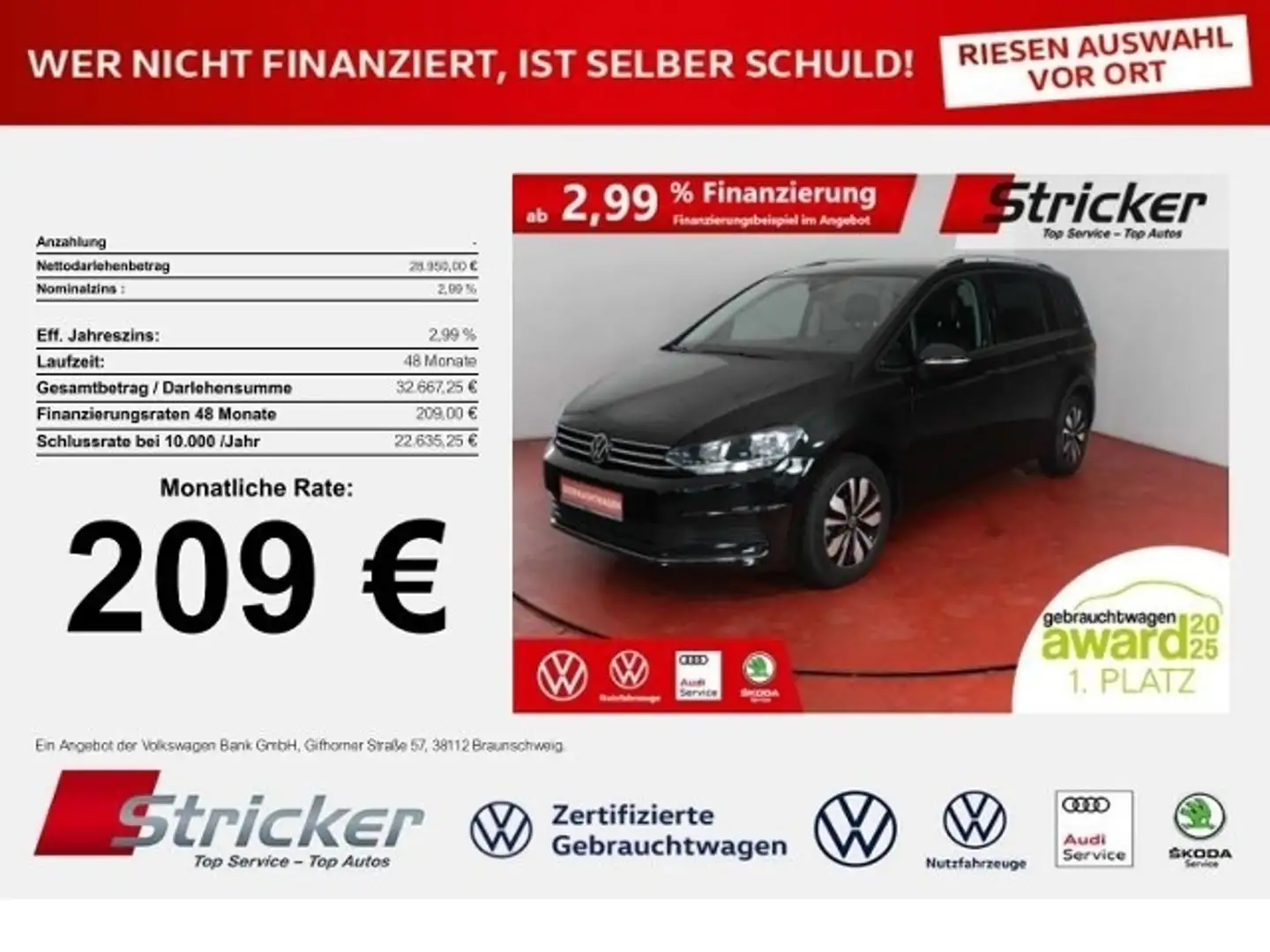 Volkswagen Touran Goal 1.5TSI 209,-ohne Anzahlung 7-Sitzer Navi Kam Schwarz - 1