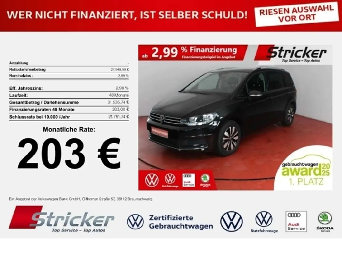 Volkswagen Touran Goal 1.5TSI 203,-ohne Anzahlung 7-Sitzer Navi Kam Schwarz - 1