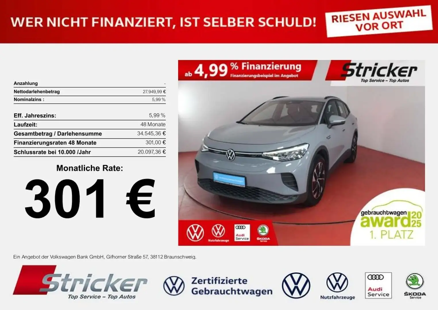 Volkswagen ID.4 Pro Performance 150/77 301,-ohne Anzahlung Navi A Grau - 1