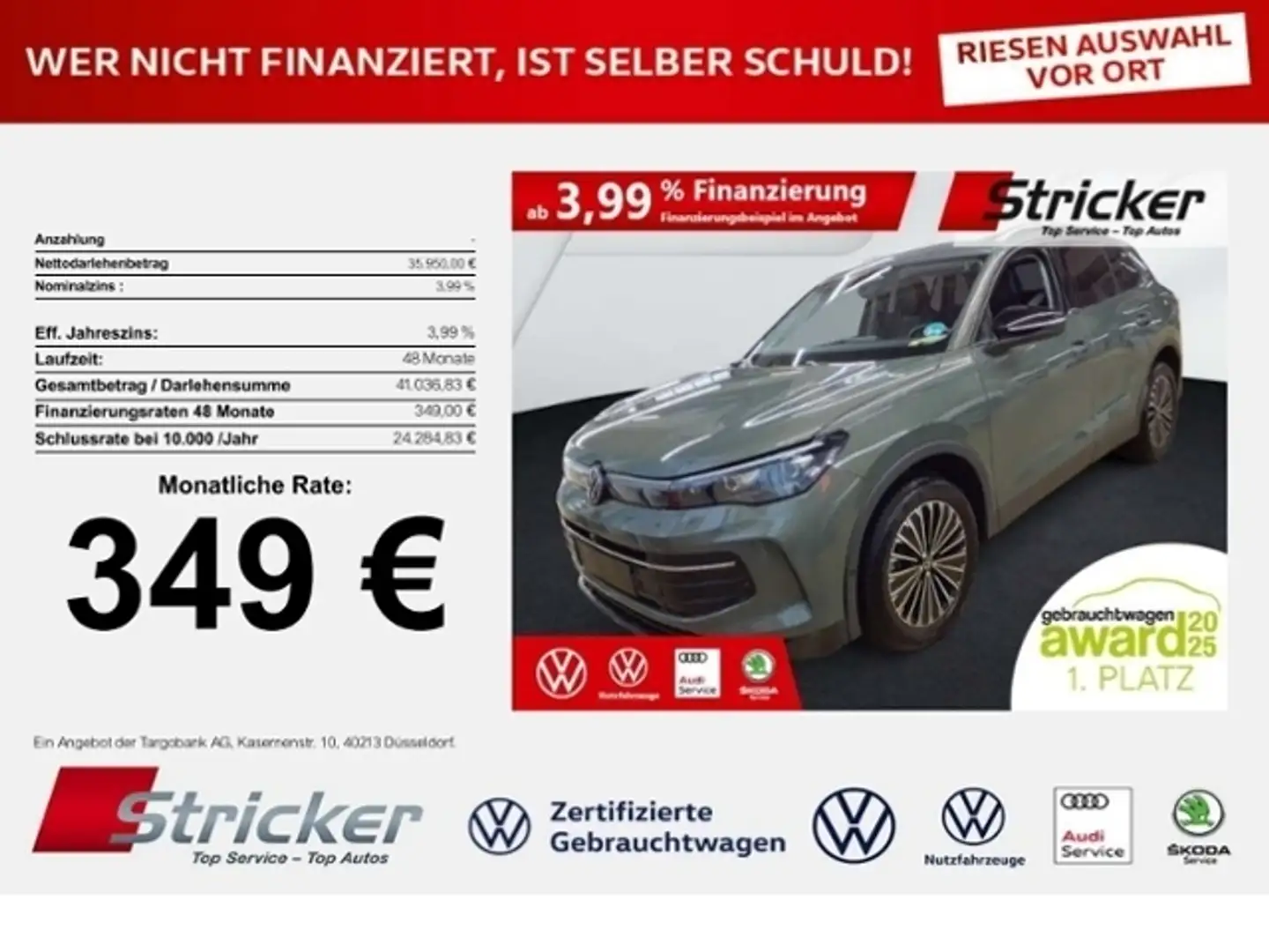 Volkswagen Tiguan Goal 2.0TDI DSG 349,-ohne Anzahlung Navi AHK Kame Grün - 1