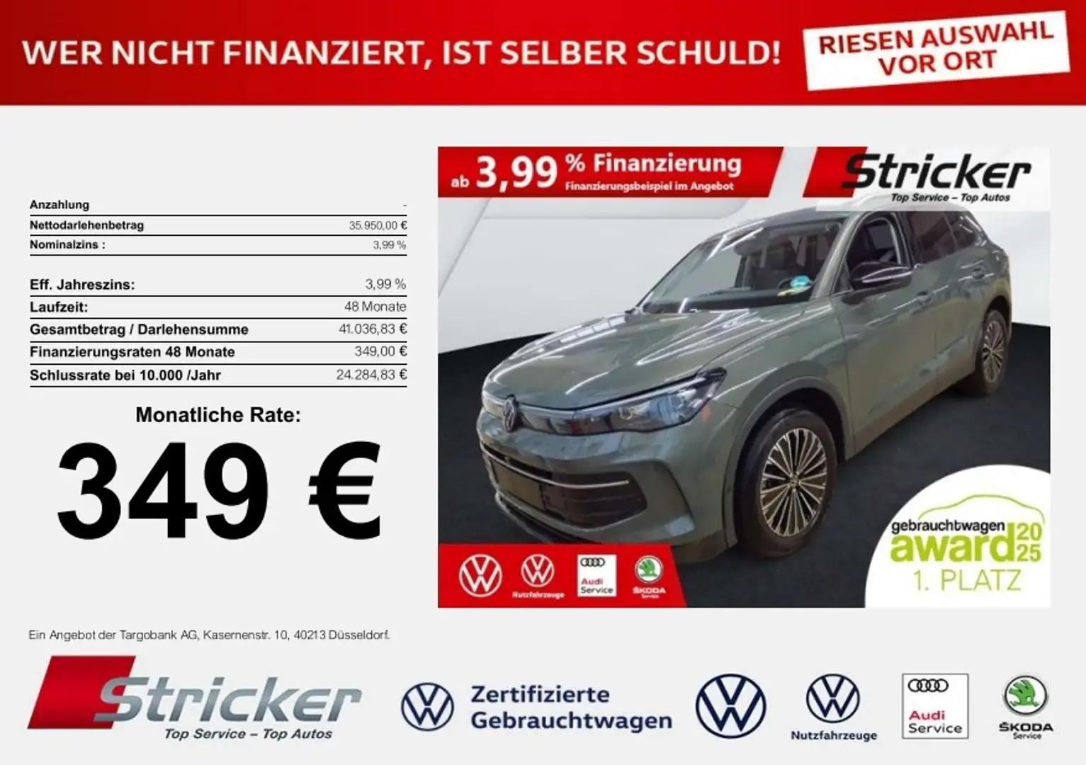 Volkswagen Tiguan Goal 2.0TDI DSG 349,-ohne Anzahlung Navi AHK Kame Grün - 1