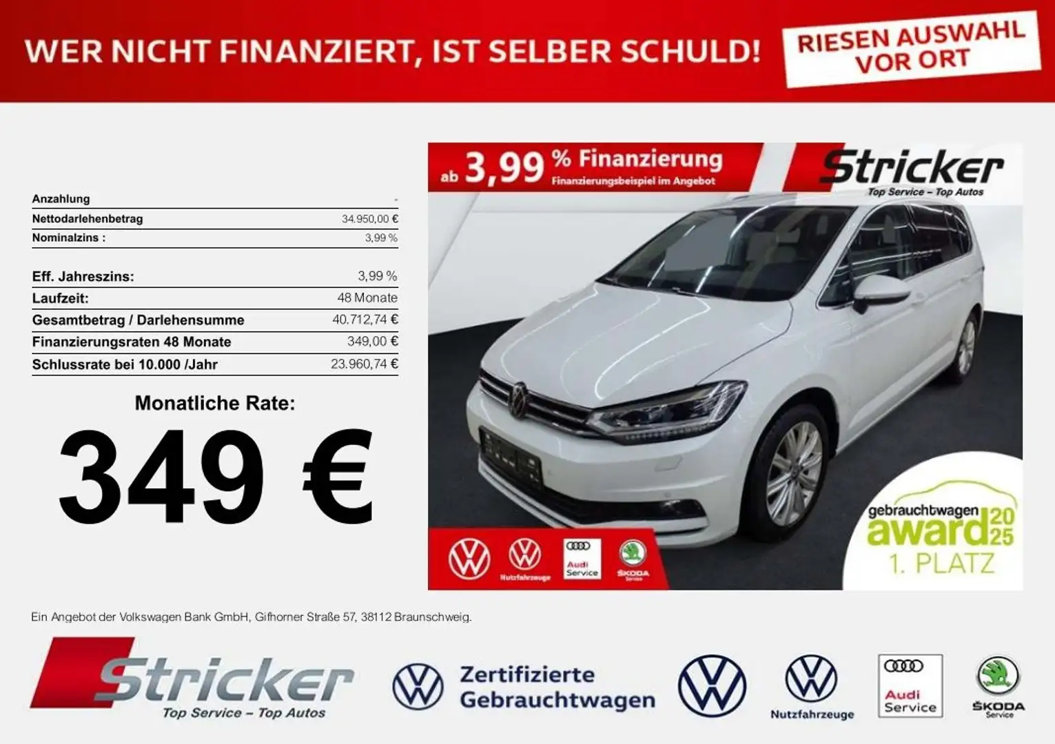 Volkswagen Touran Highline 2.0TDI DSG 349,-ohne Anzahlung AHK 7-Sit Weiß - 1