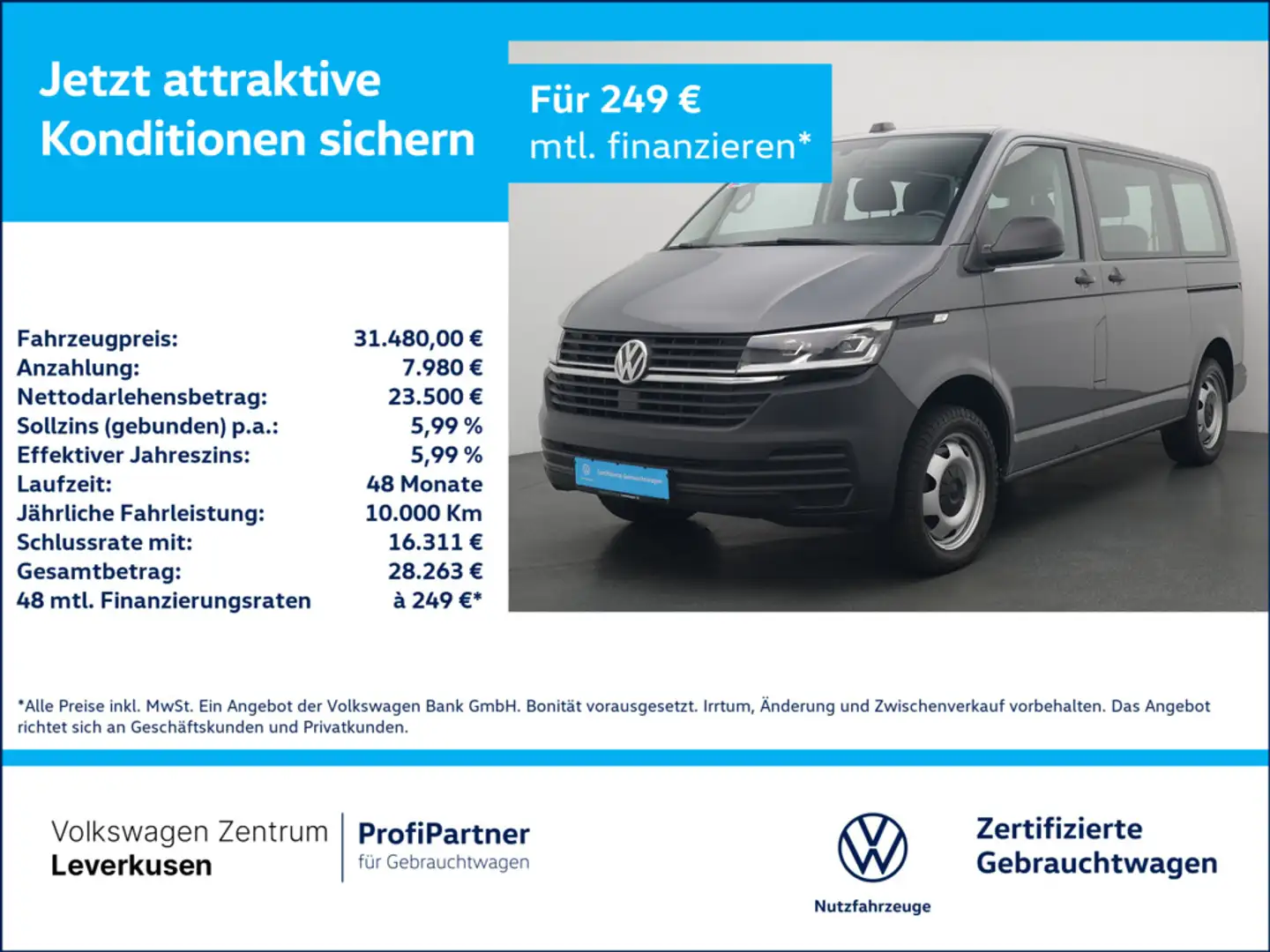 Volkswagen T6.1 Kombi DSG LED KAM PDC KLIMA NAVI Grau - 1