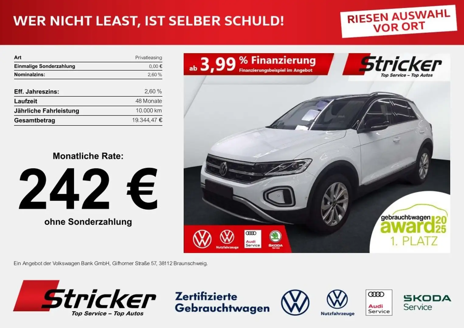 Volkswagen T-Roc Style 1.5TSI DSG 242,-ohne Anzahlung AHK Navi Weiß - 1