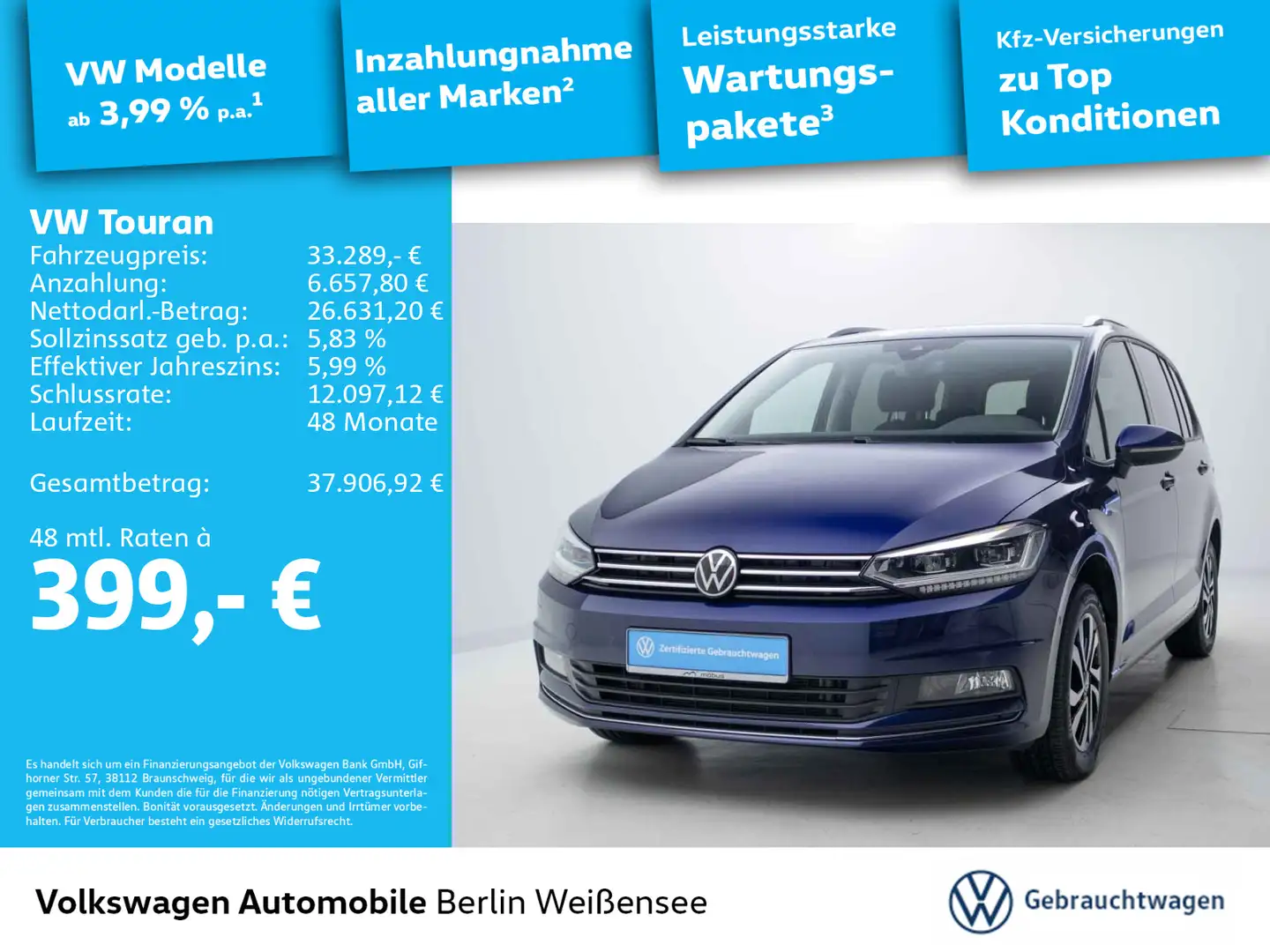 Volkswagen Touran 2.0 TDI Active*DSG*PDC*SHZ*APP*KLIMA* Blau - 1