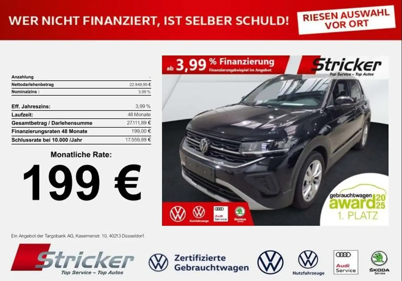 Volkswagen T-Cross Goal 1.0TSI DSG 199,-ohne Anzahlung Navi AHK ACC Schwarz - 2