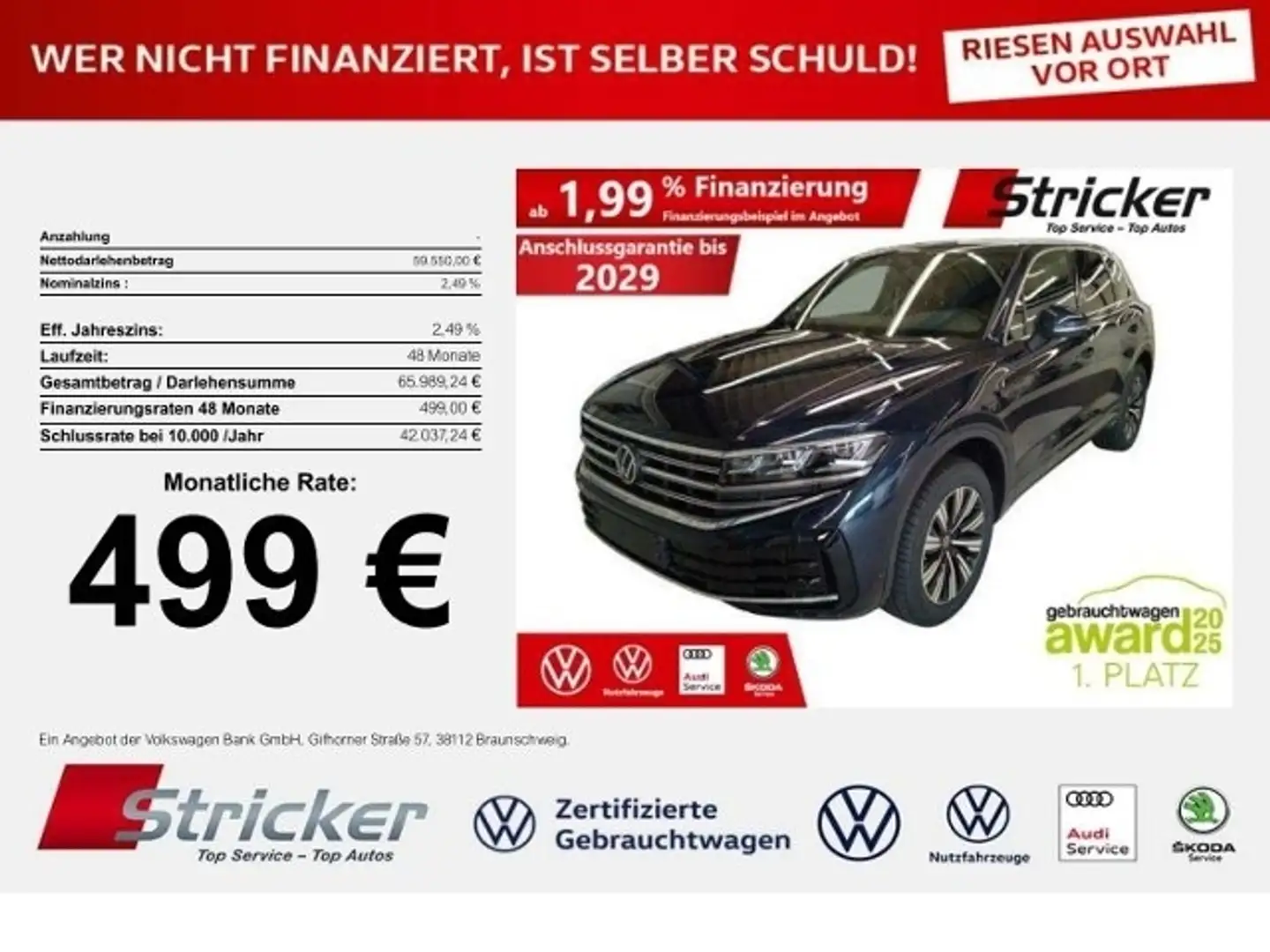 Volkswagen Touareg Elegance 3.0TDI 4M 499,-ohne Anzahlung Leder Stan Bleu - 1