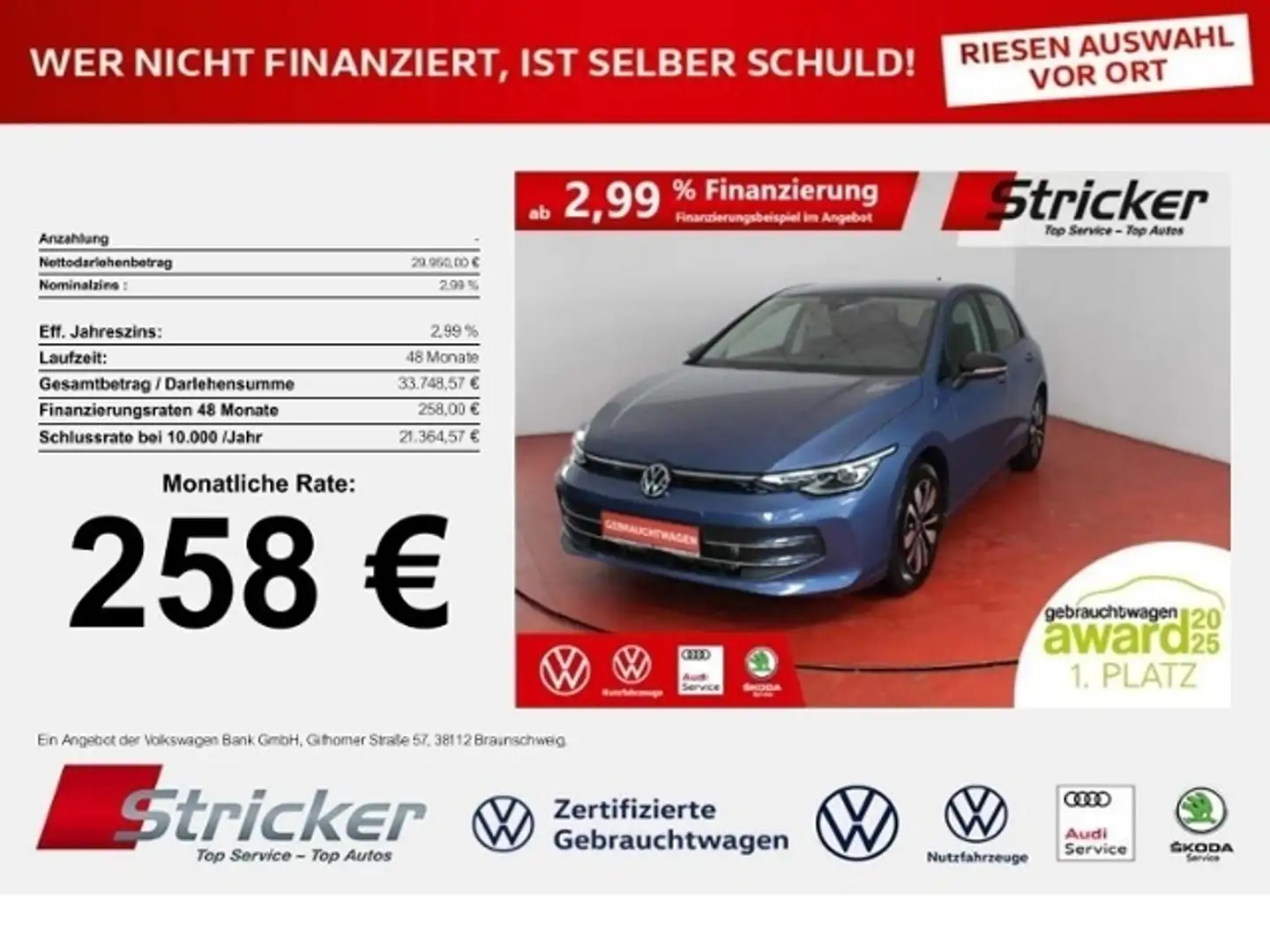 Volkswagen Golf GOAL 2.0TDI 258,-ohne Anzahlung DSG Navi AHK Kame Blau - 1