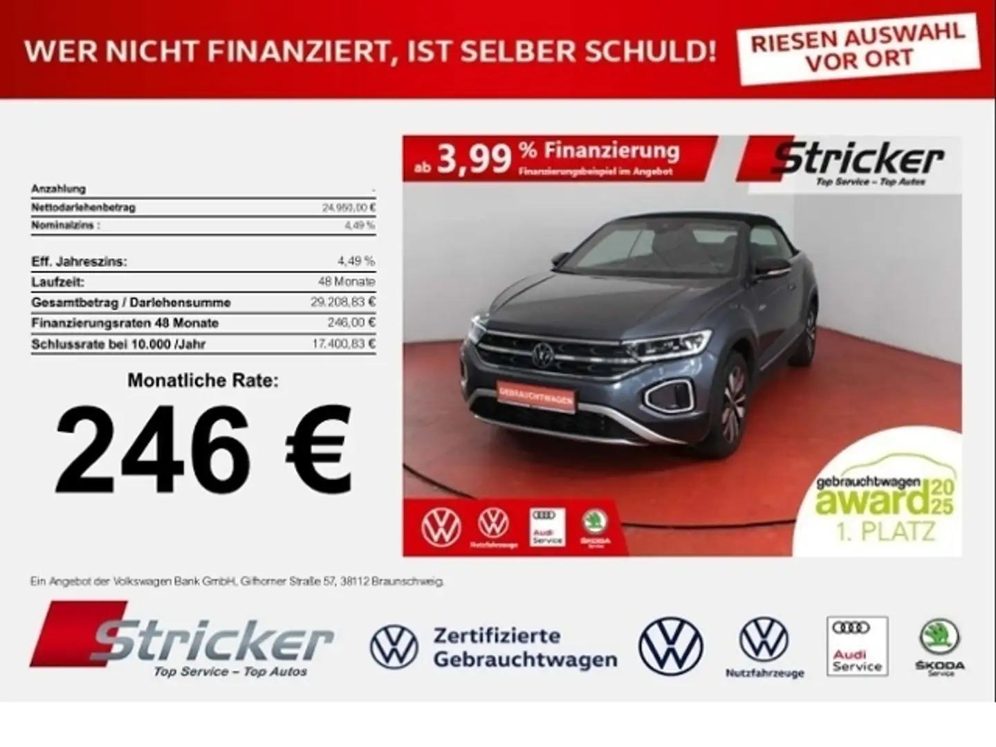 Volkswagen T-Roc Cabriolet Goal 1.0 TSI 246,-ohne Anzahlung Navi K Grau - 1
