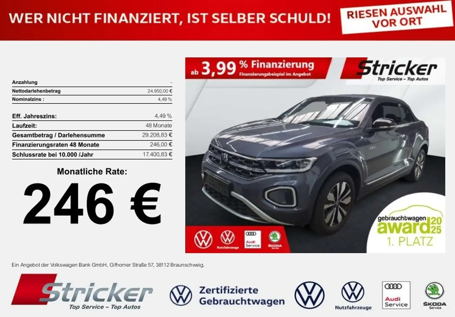 Volkswagen T-Roc Cabriolet Goal 1.0 TSI 246,-ohne Anzahlung Navi K Grau - 1