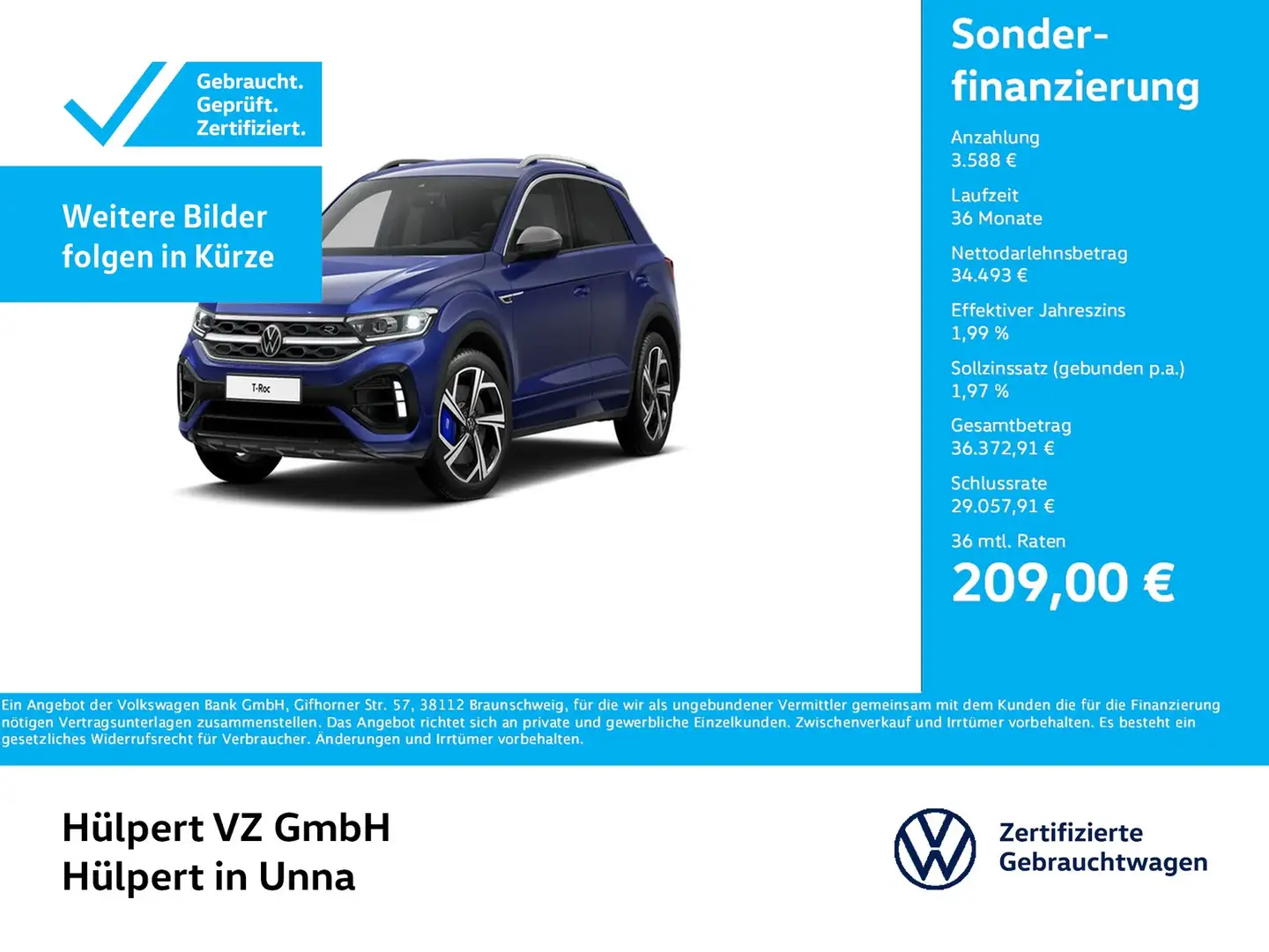 Volkswagen T-Roc 2.0 R 4X4 CAM ACC LM18 EKLAPPE NAVI SITZHZ Blau - 1