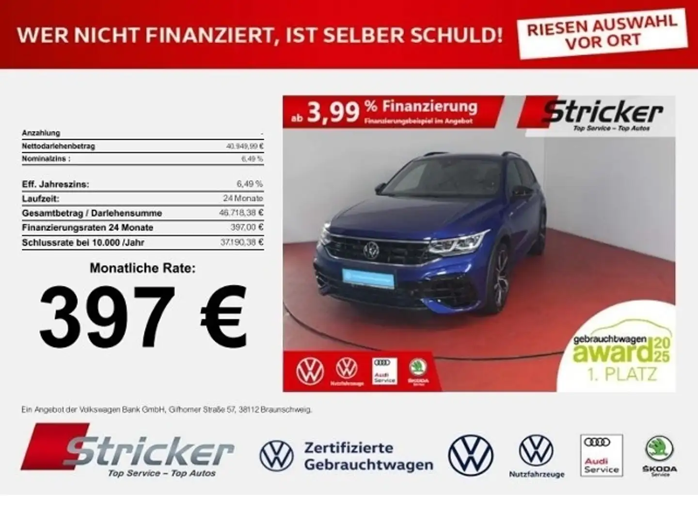 Volkswagen Tiguan R 2.0TSI 397,-ohne Anzahlung Pano H&K Leder Blau - 1