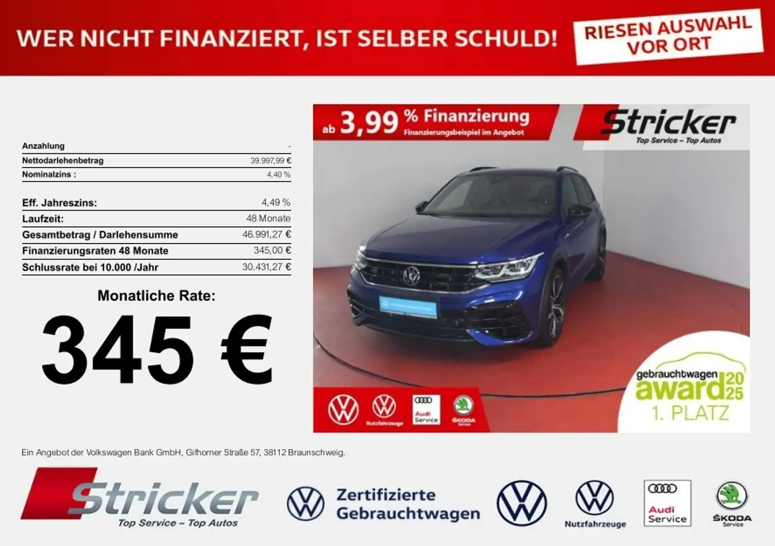 Volkswagen Tiguan R 2.0TSI 345,-ohne Anzahlung Pano H&K Leder Blau - 1