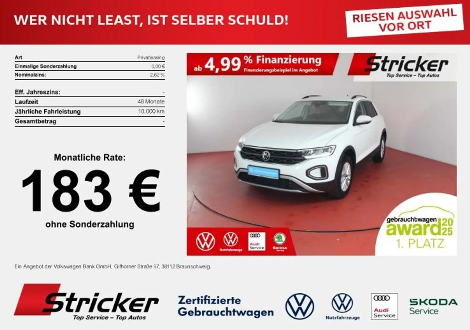 Volkswagen T-Roc Life 1.0TSI 183,-ohne Anzahlung Navi App-Connect Weiß - 1