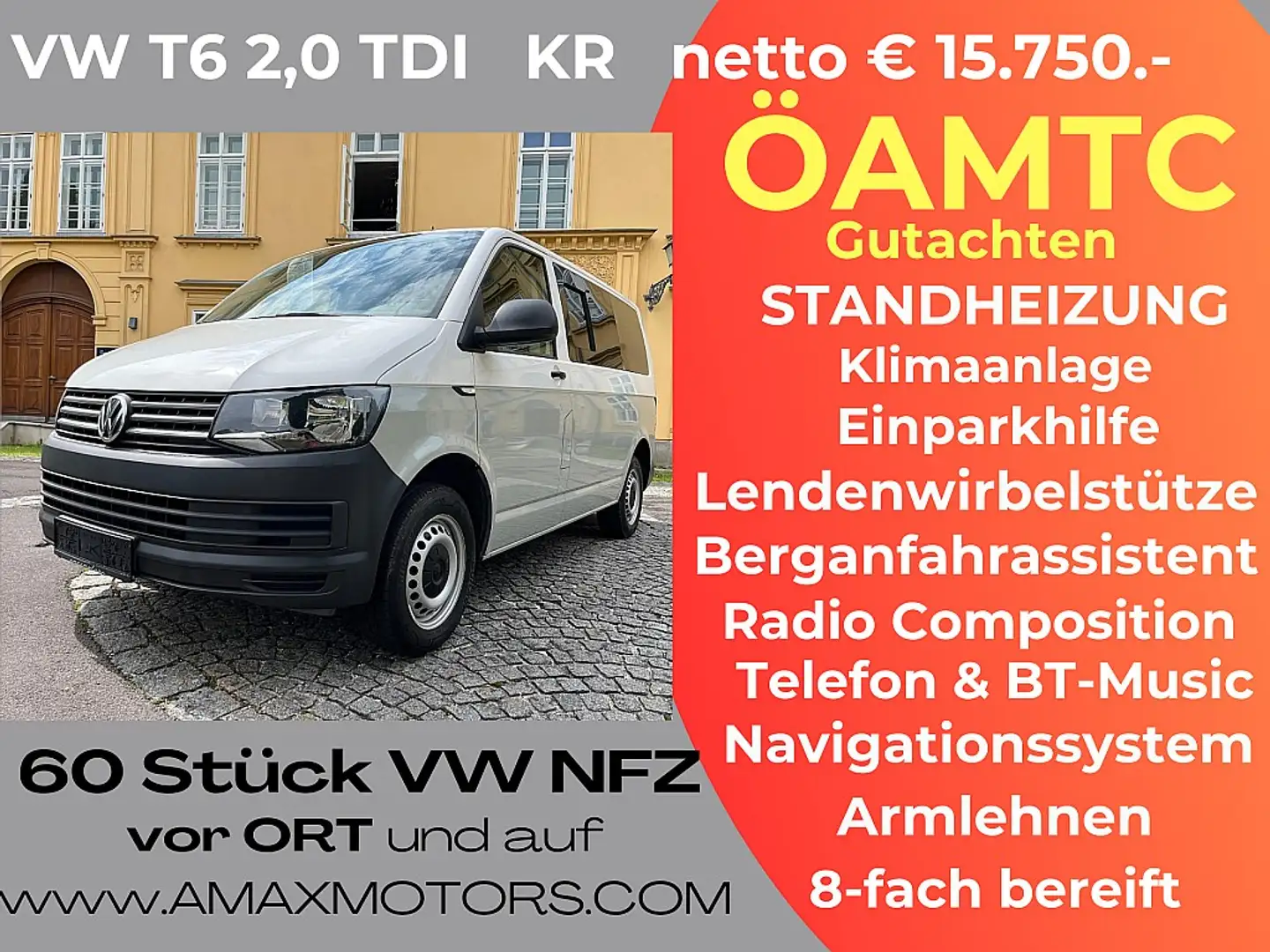 Volkswagen T6 Transporter 2,0 TDI KR Heckklappe, Klima, 1.Besitz, Parkpil... Weiß - 1