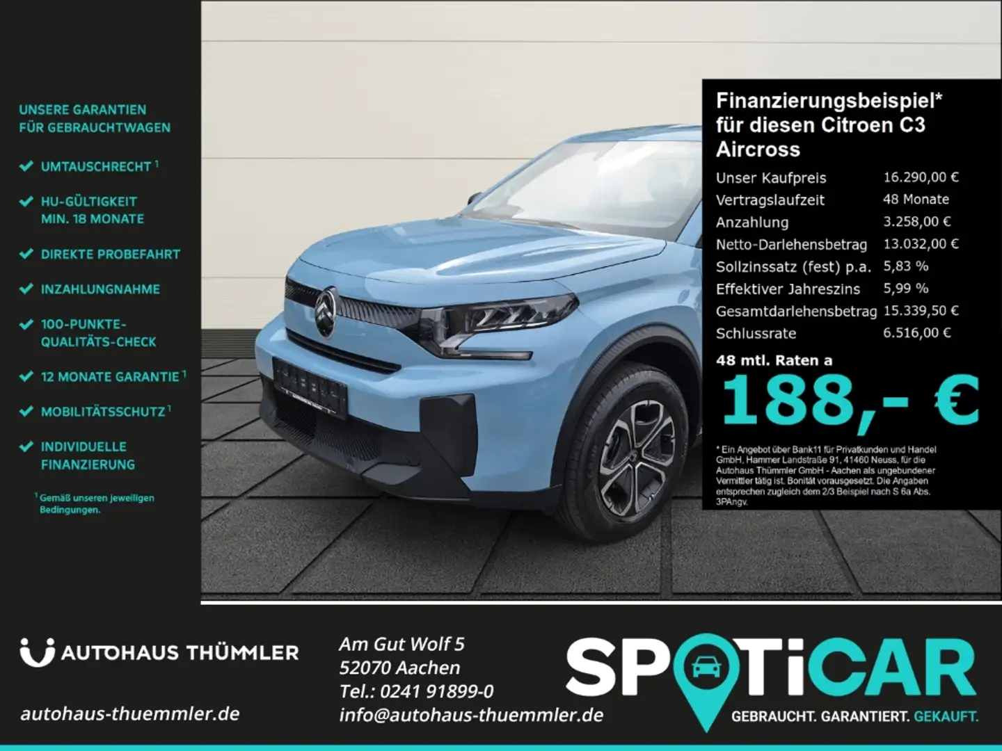 Citroen C3 Aircross Turbo 100 YOU Klima PDC HUD Spurhalteass. Verkehrs Blau - 1