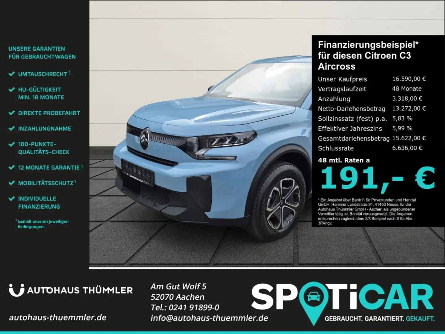 Citroen C3 Aircross Turbo 100 YOU Klima PDC purhalteass. Verkehrszeich Blau - 1