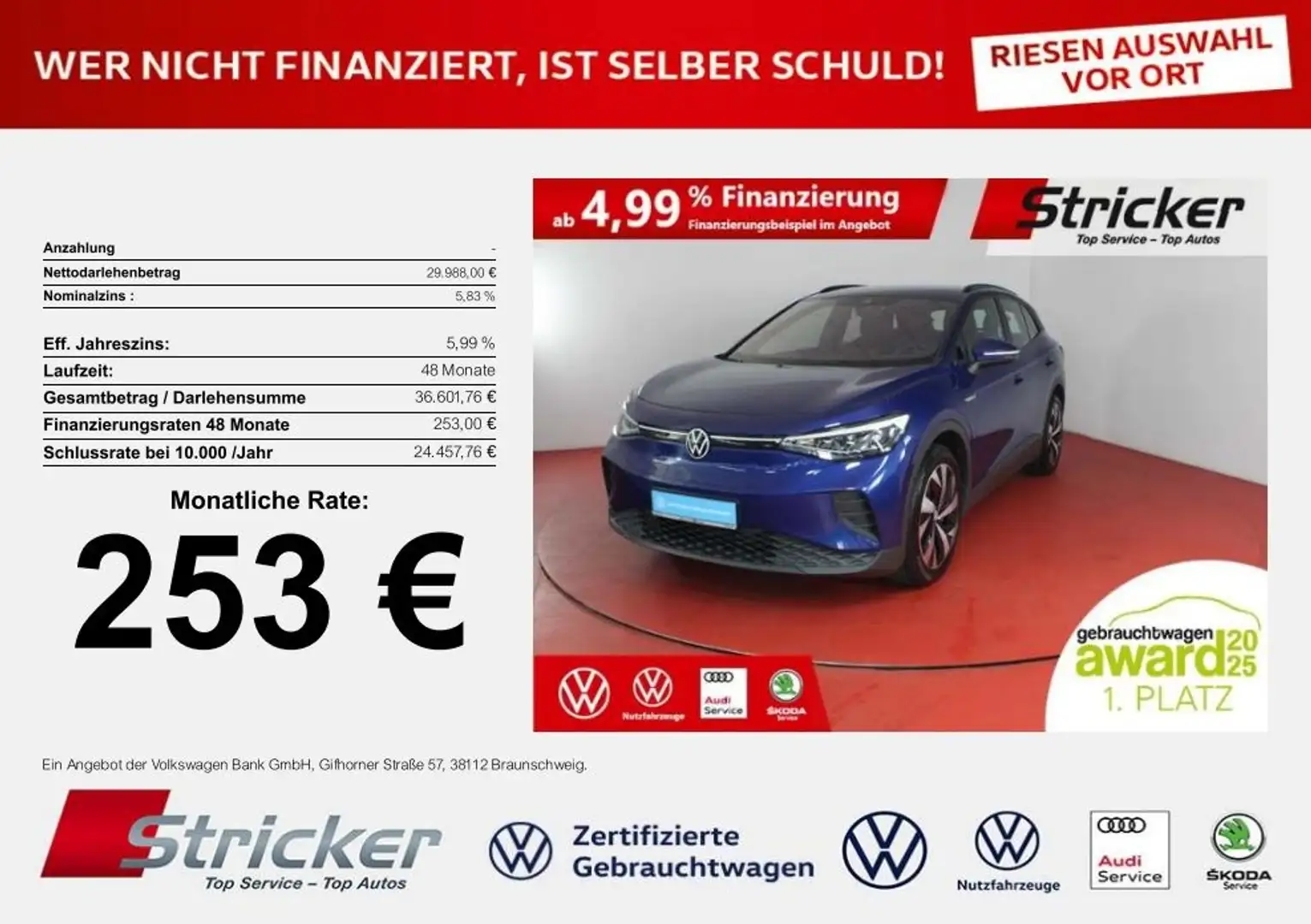 Volkswagen ID.4 Pro Performance 150/77 253,-ohne Anzahlung Navi K Blue - 1
