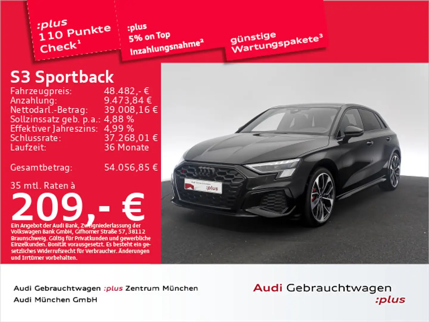 Audi S3 TFSI S tronic Pano/Matrix/B&O/Navi+ Schwarz - 1