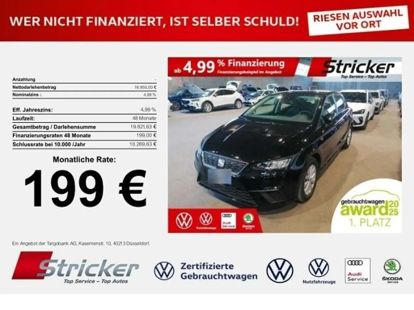SEAT Ibiza Style 1.0TSI DSG 199,-ohne Anzahlung Einparkhilfe Schwarz - 1