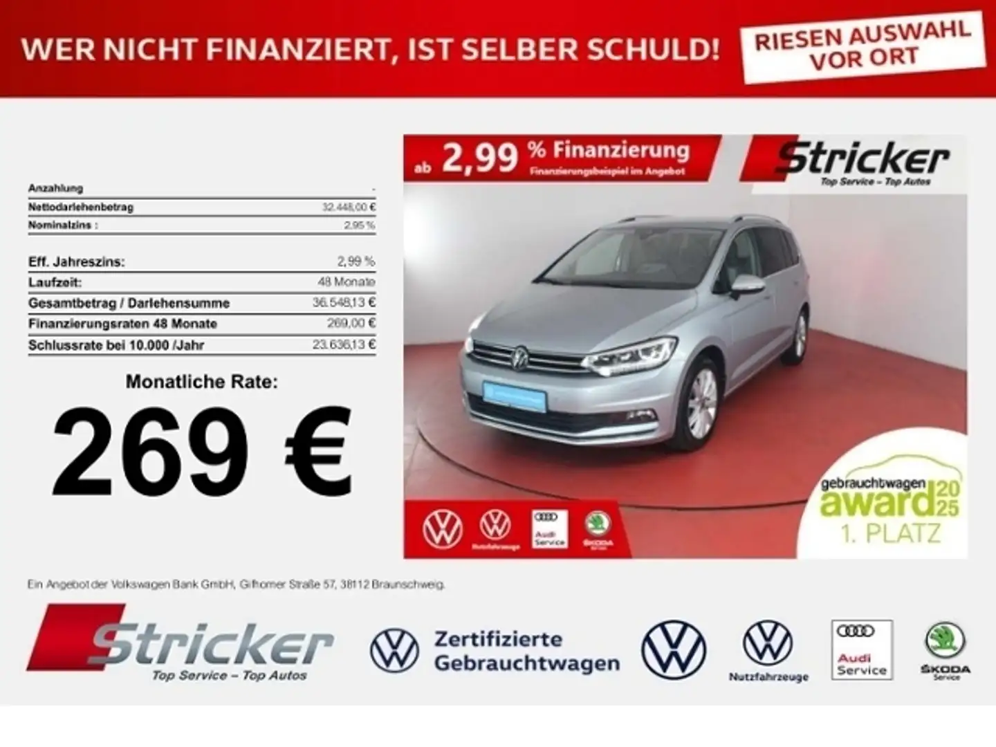 Volkswagen Touran Highline 2.0TDI DSG 269,-ohne Anzahlung AHK 7-Sit Silber - 1