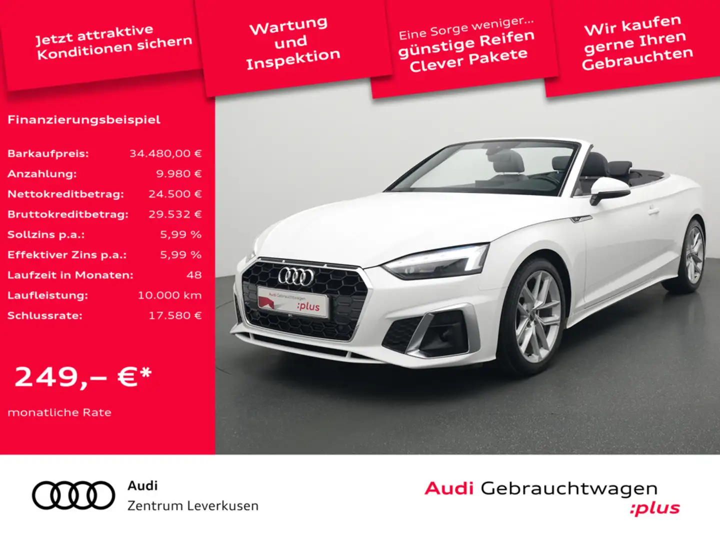 Audi A5 Cabriolet S line S-TRON VIRT KAM APP LEDER Weiß - 1
